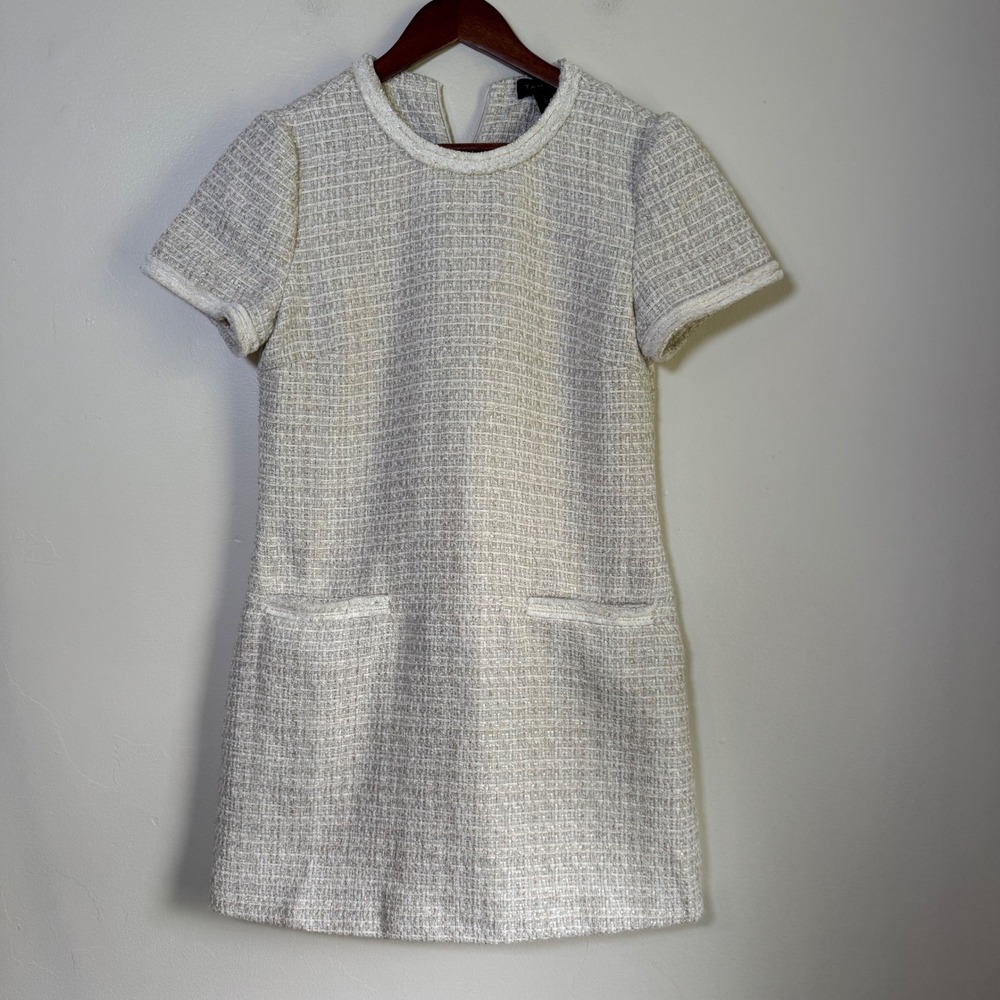 Tahari Metallic Tweed Short Sleeve Shift Mini Dress Size Small Cream Gold